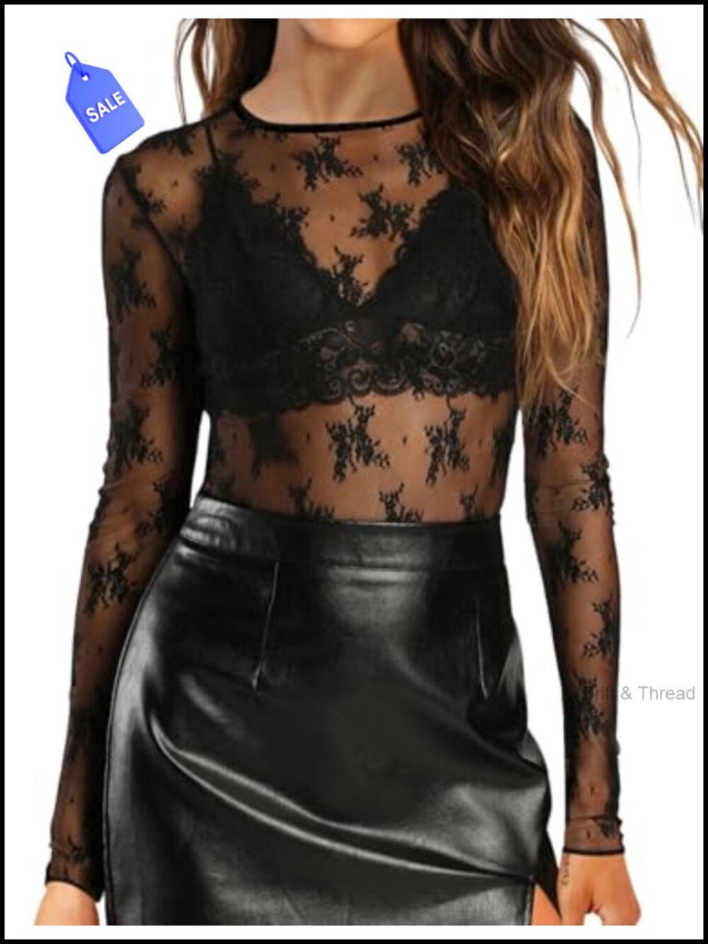 Women's Mesh Long Sleeve Tee Sheer Floral Lace Blouse Party Night Out Top